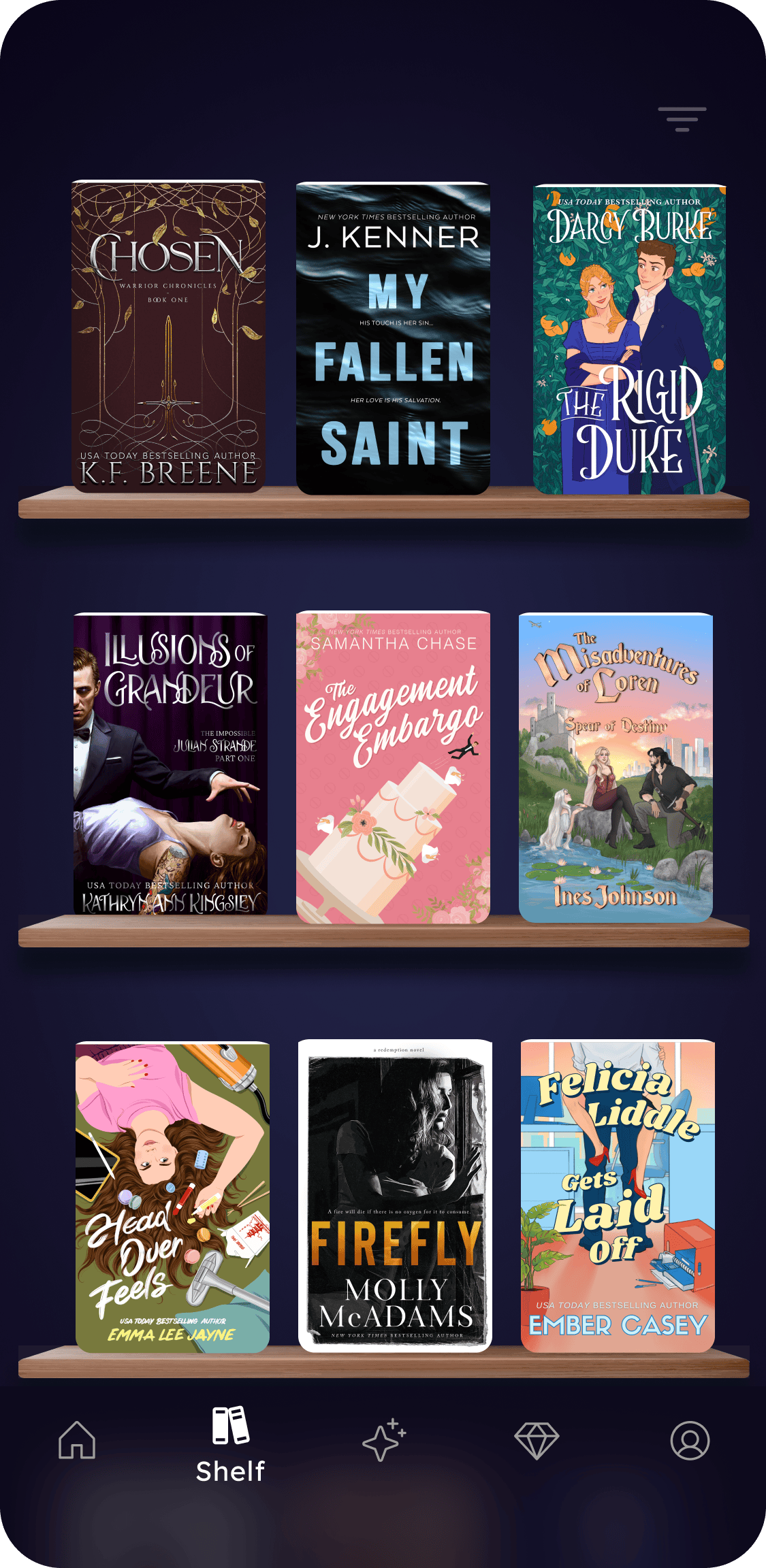 Shelf tab - Visual bookshelf with progress tracking