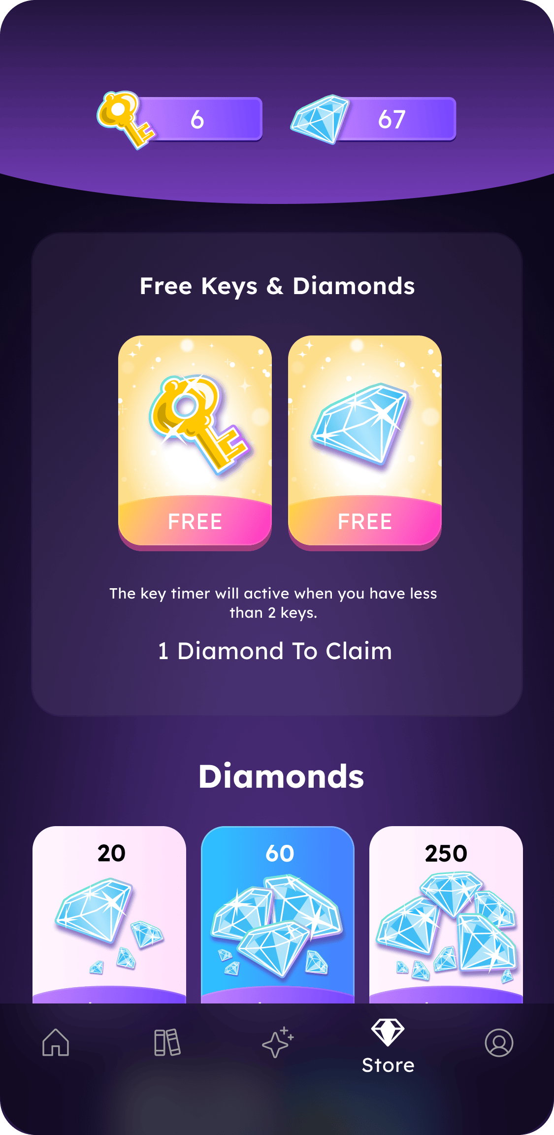 Store tab - Diamond bundles and free daily rewards