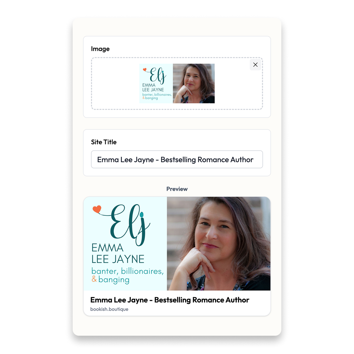 Share Card editing interface showing image upload, title field, and live preview