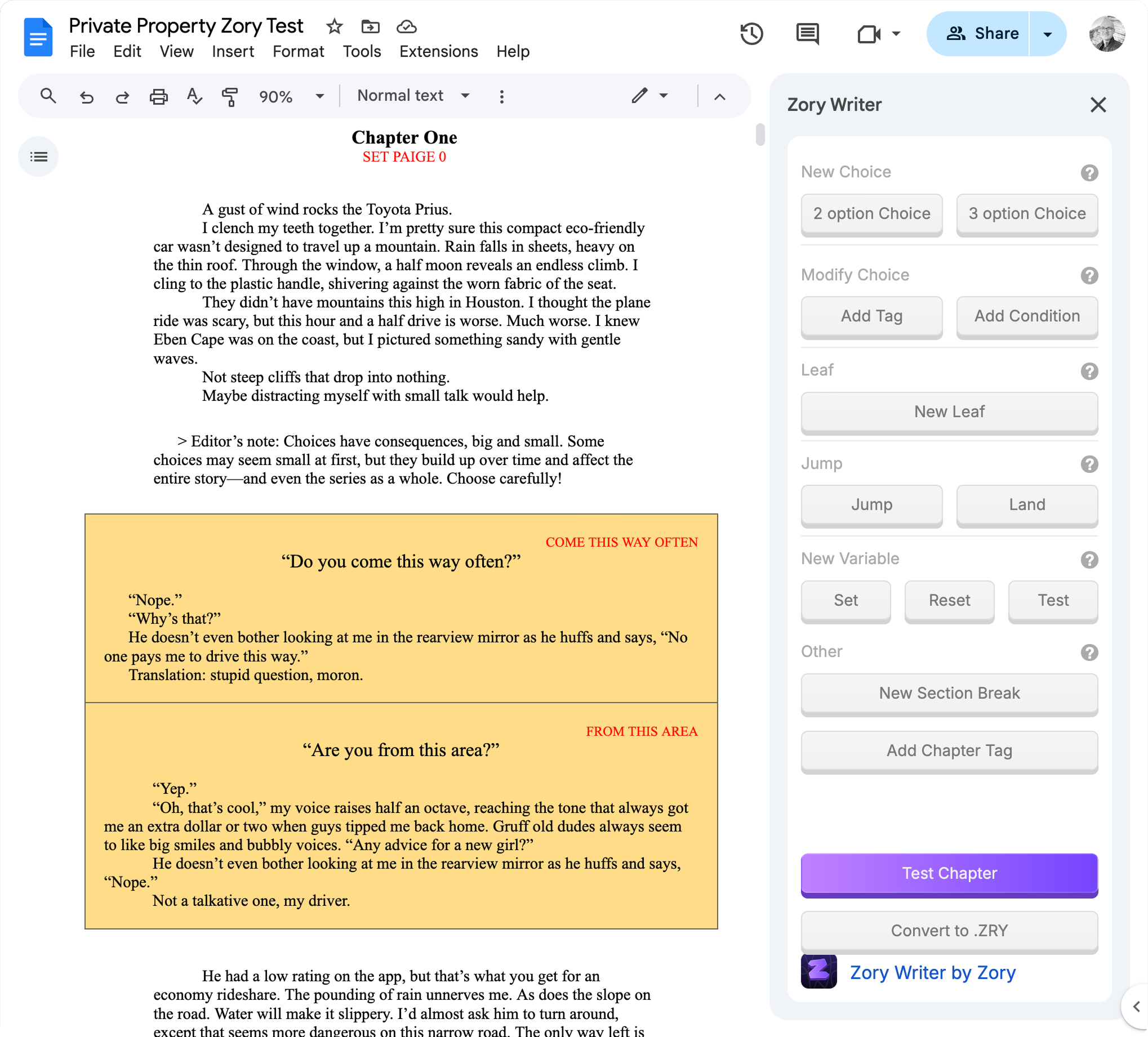 Zory Writer Google Docs add-on showing formatted choice table and side panel tools